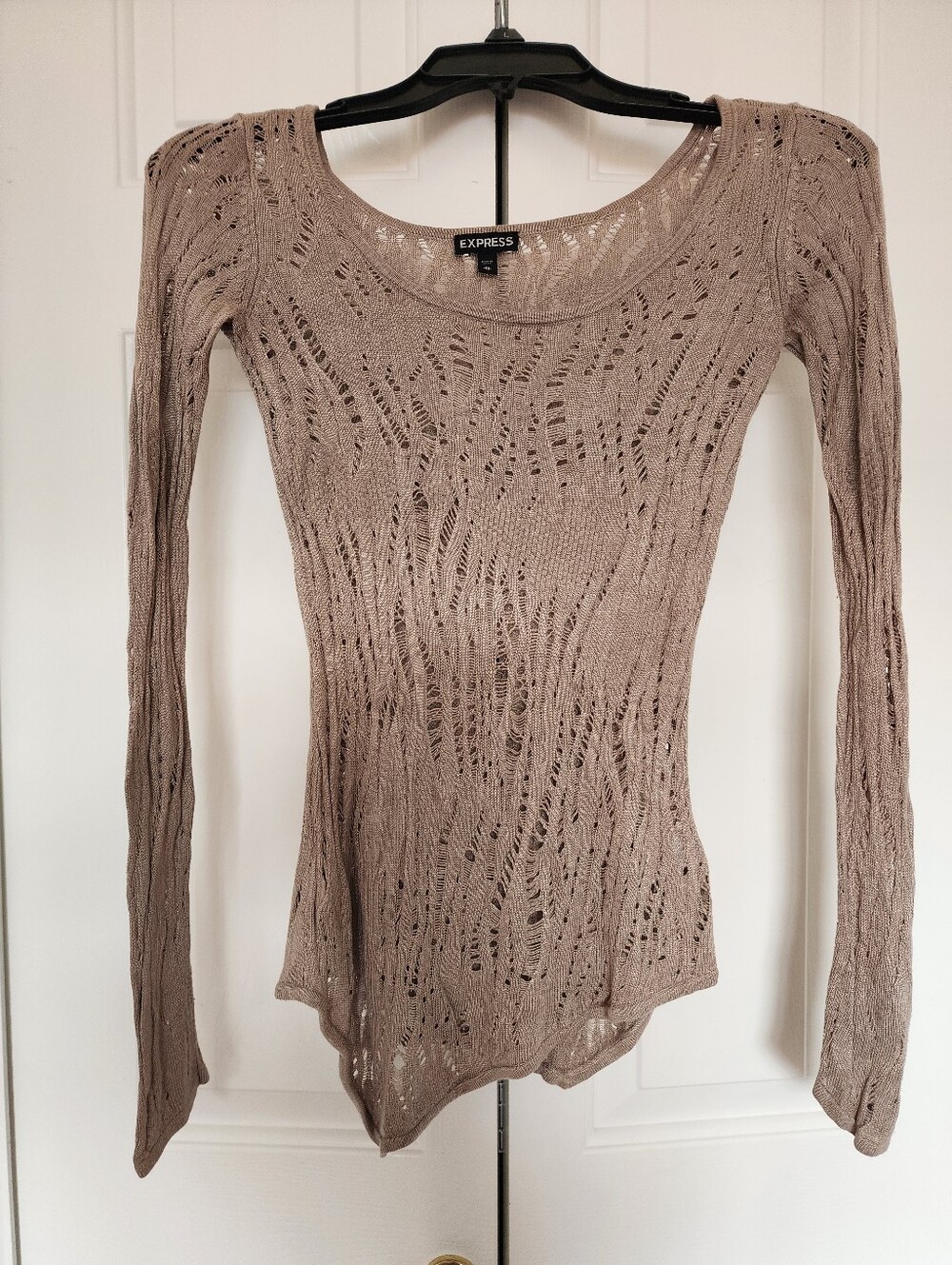 Express Women's Taupe Open-Knit Long Sleeve Top